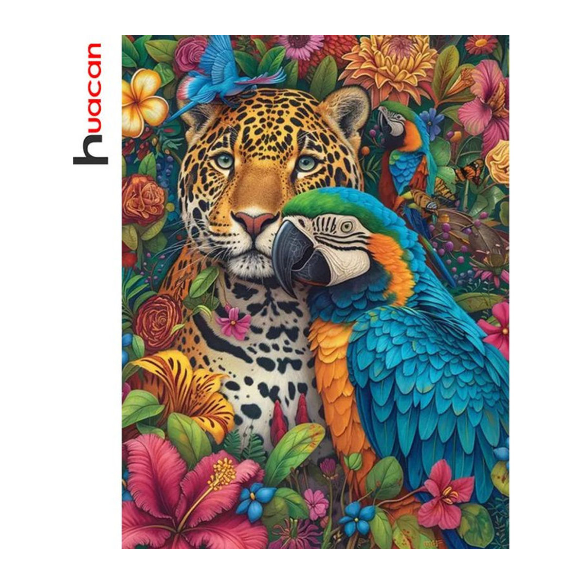 Huacan Diamant-Mosaik Wandbild Leopard und Blumen im Bohemian-Stil, mehrfarbig, Rahmenlos, B/H: 30 x 30 cm - Bild 1