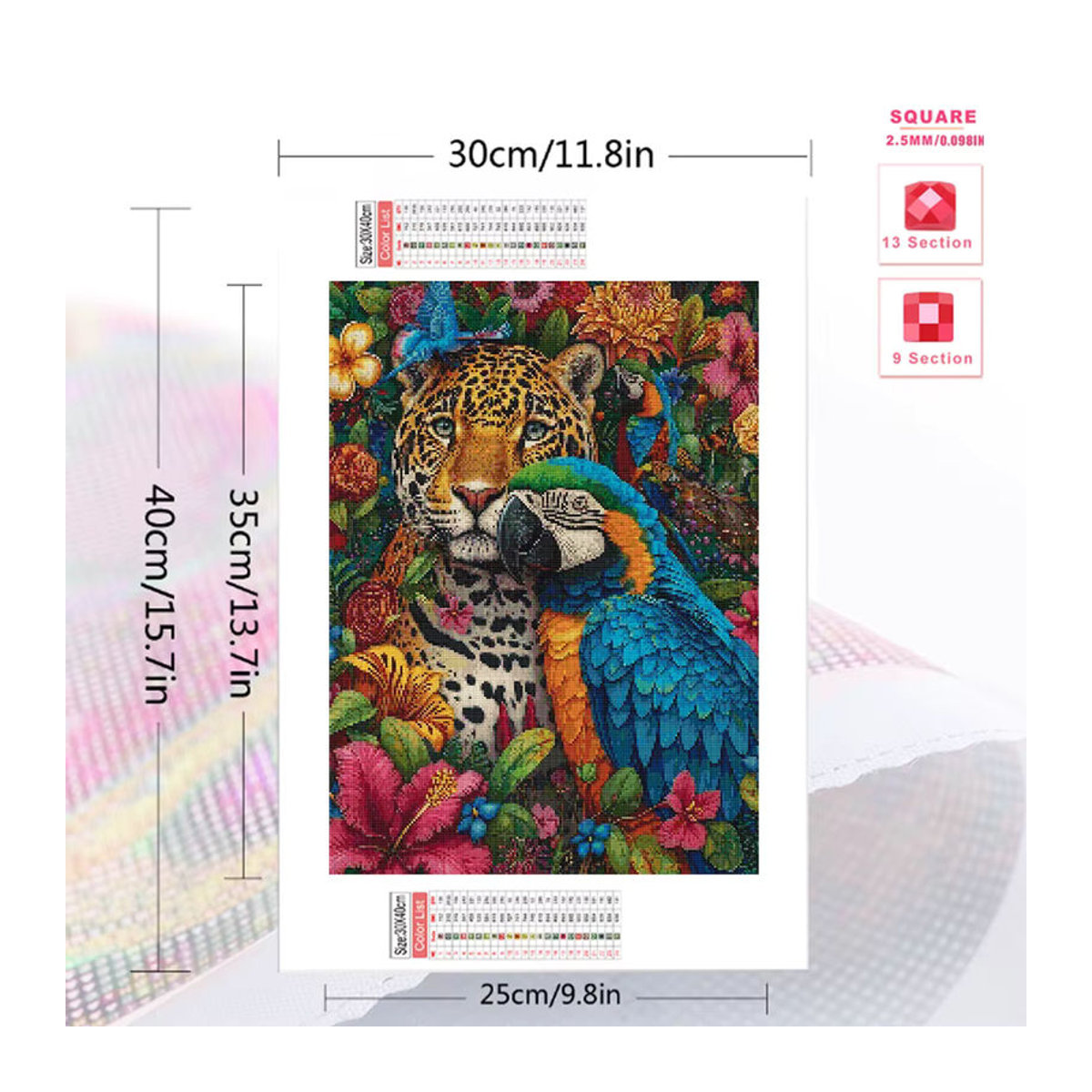 Huacan Diamant-Mosaik Wandbild Leopard und Blumen im Bohemian-Stil, mehrfarbig, Rahmenlos, B/H: 30 x 30 cm - Bild 2