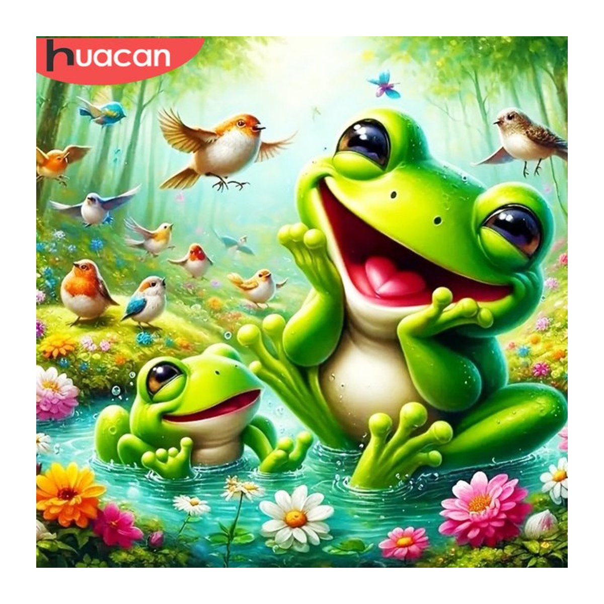 HUACAN Diamantgemälde Frosch mit Blumen und Vögeln, mehrfarbiges Diamant-Mosaik mit runden Bohrern zur Wandmontage - Bild 1