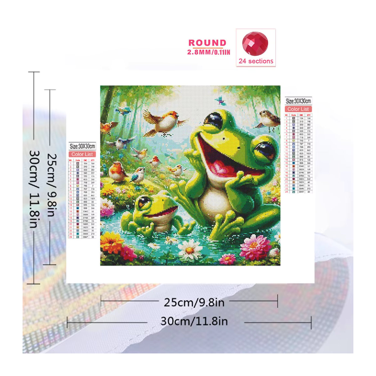 HUACAN Diamantgemälde Frosch mit Blumen und Vögeln, mehrfarbiges Diamant-Mosaik mit runden Bohrern zur Wandmontage - Bild 2