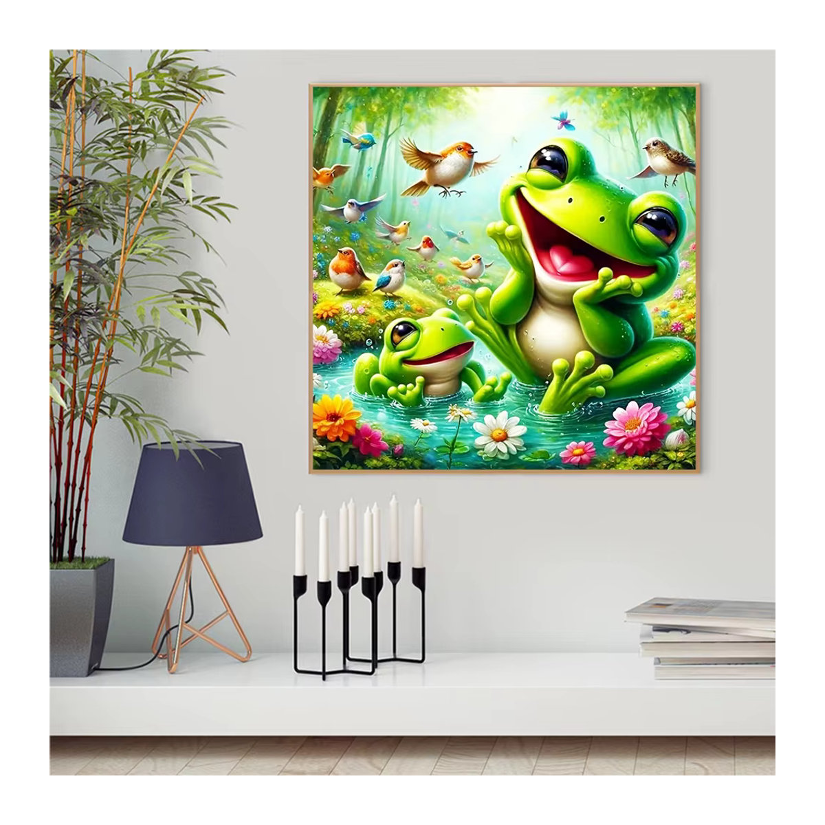 HUACAN Diamantgemälde Frosch mit Blumen und Vögeln, mehrfarbiges Diamant-Mosaik mit runden Bohrern zur Wandmontage - Bild 3
