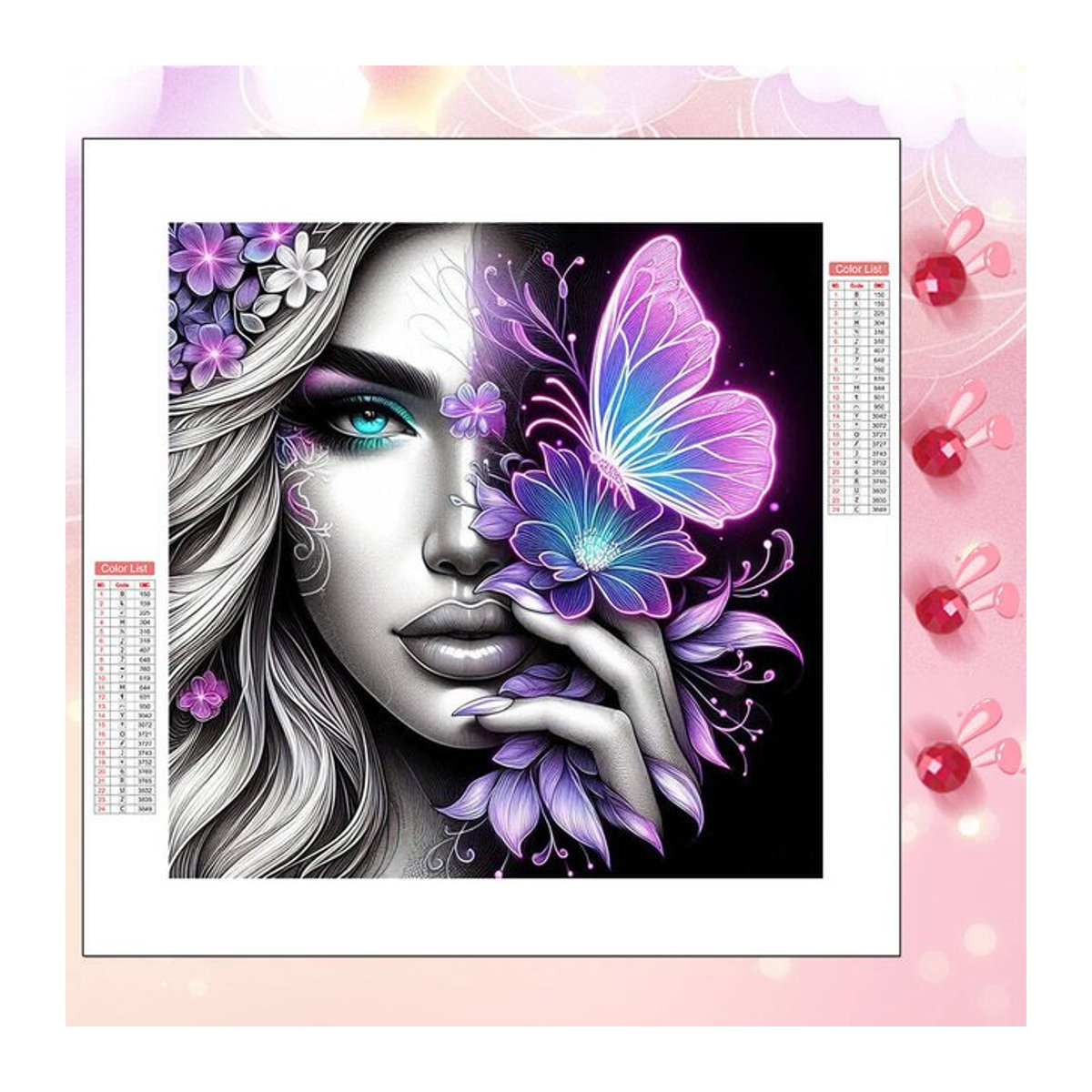 HUACAN Diamantmalerei 5D Frauen Porträt mit Schmetterling als rundes Mosaik zur Wanddekoration in Mehrfarbig - Bild 1