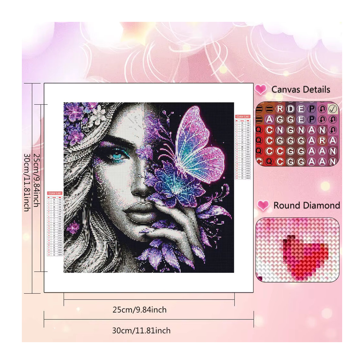 HUACAN Diamantmalerei 5D Frauen Porträt mit Schmetterling als rundes Mosaik zur Wanddekoration in Mehrfarbig - Bild 2