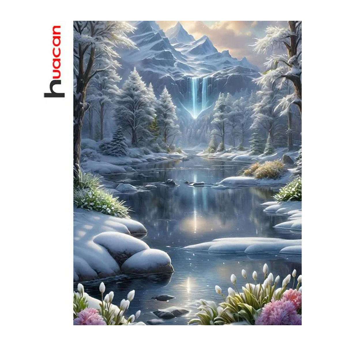 Huacan Diamantmalerei Landschaft mit Bergbild als runde Wanddekoration in Blau - Bild 1