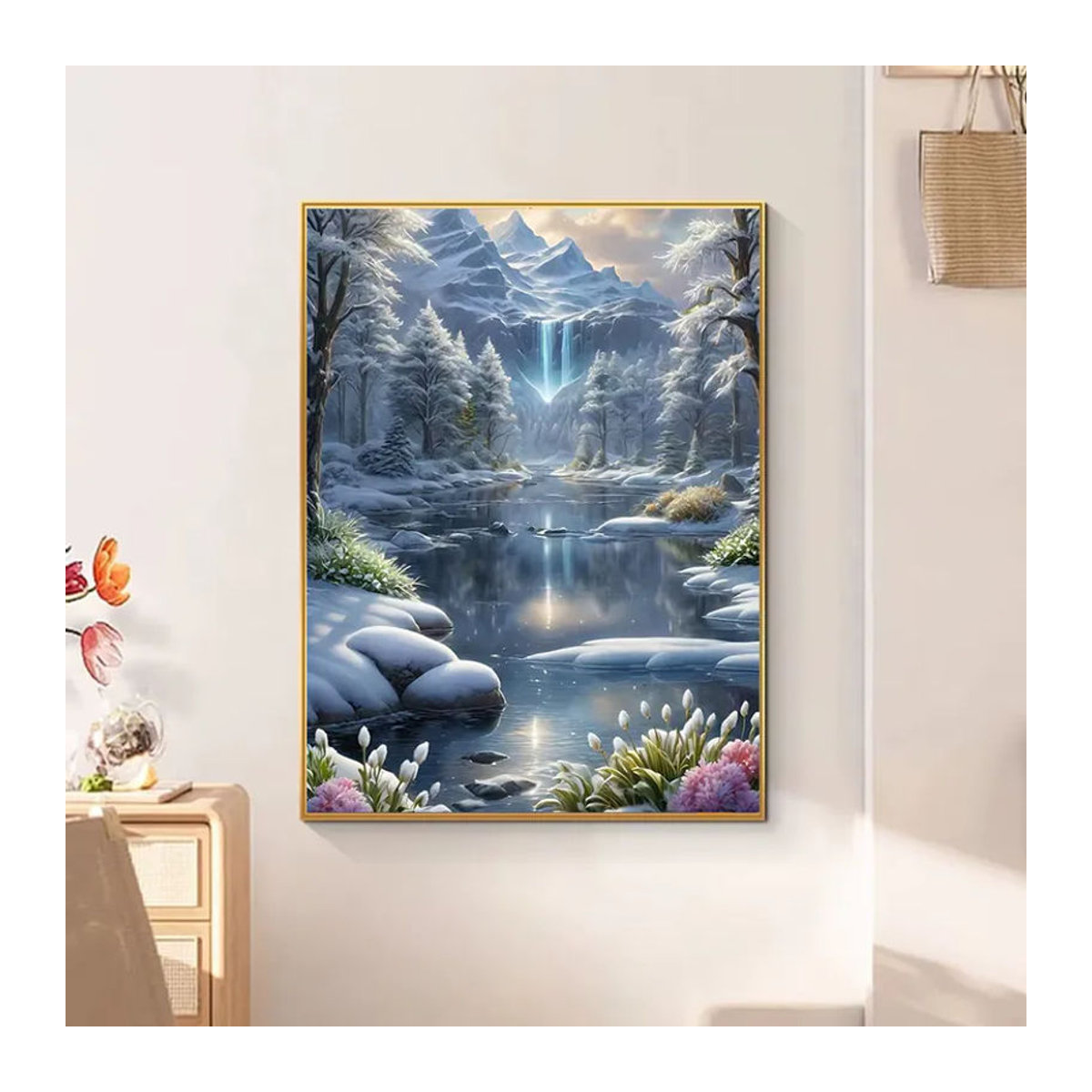 Huacan Diamantmalerei Landschaft mit Bergbild als runde Wanddekoration in Blau - Bild 2