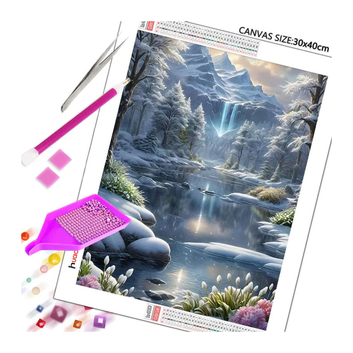 Huacan Diamantmalerei Landschaft mit Bergbild als runde Wanddekoration in Blau - Bild 3