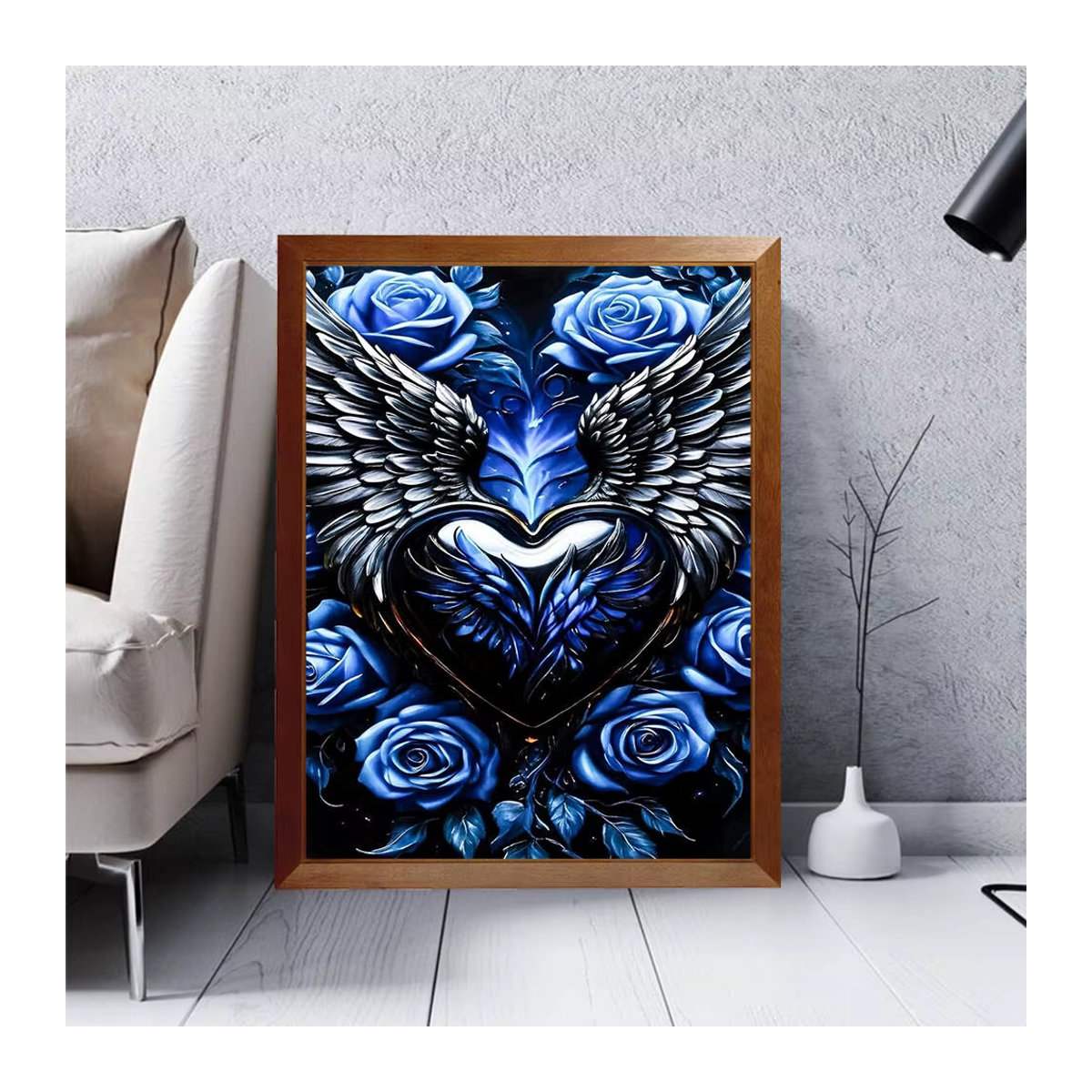 Huacan Diamantmalerei mit Rosen und Flügeln als dekoratives Mosaikbild in Blau für dein Wohnzimmer - Bild 3