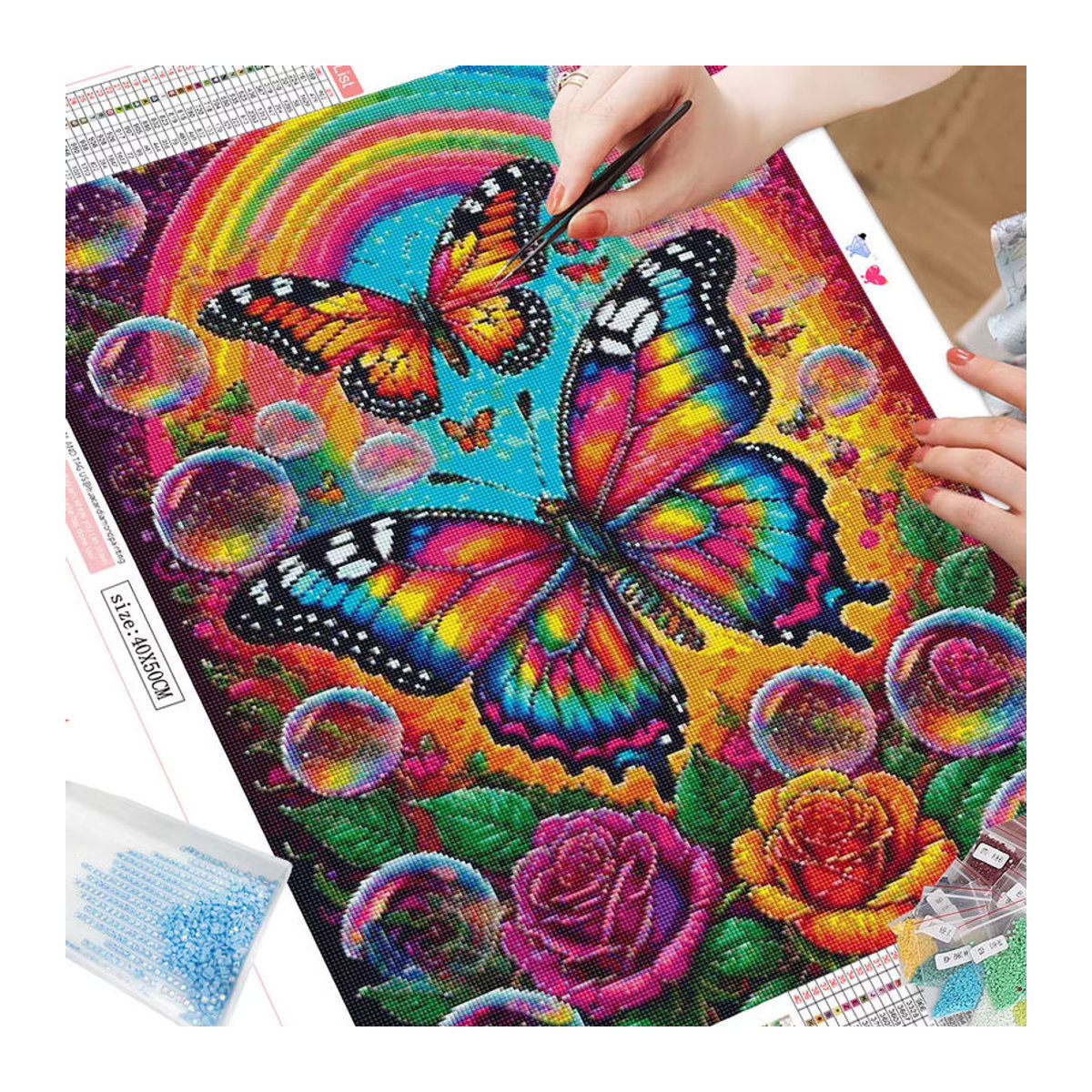 Huacan Diamantmalerei Schmetterling und Blumen als Mosaik-Dekoration, mehrfarbig, rund - Bild 2