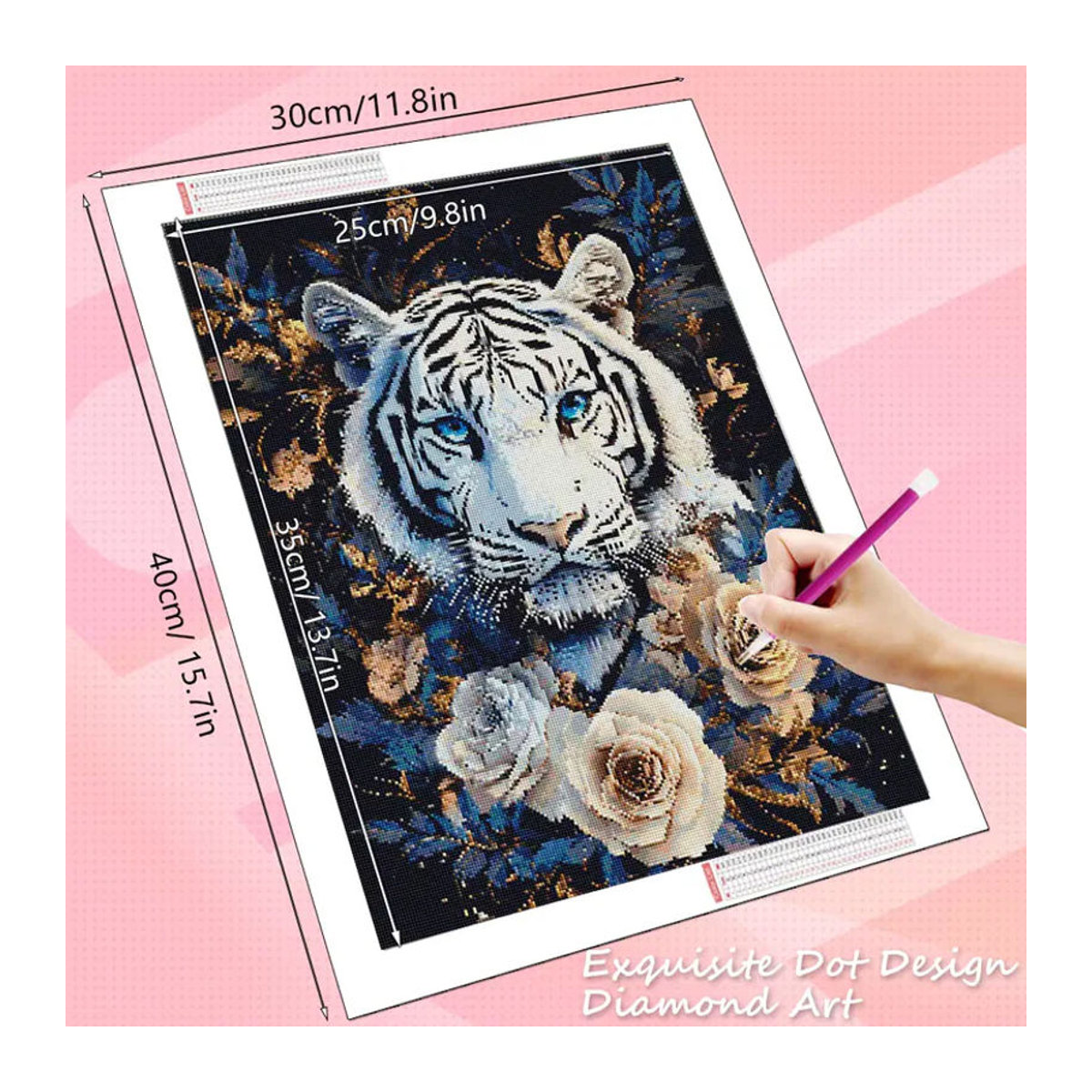 HUACAN Diamantmalerei Tiger Motiv 5D DIY Diamant-Mosaik mit Rosenblüten, mehrfarbig, B/H: 20 x 30 cm - Bild 2
