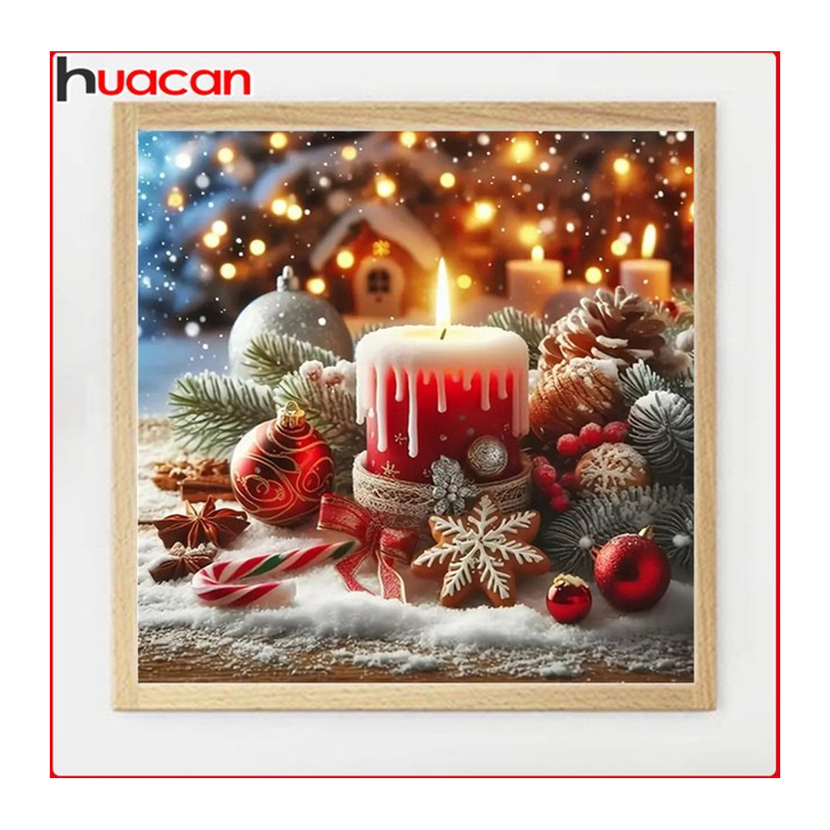 Huacan Diamantmalerei Weihnachten Kerze in Rot als runde Mosaik-Wanddekoration - Bild 1