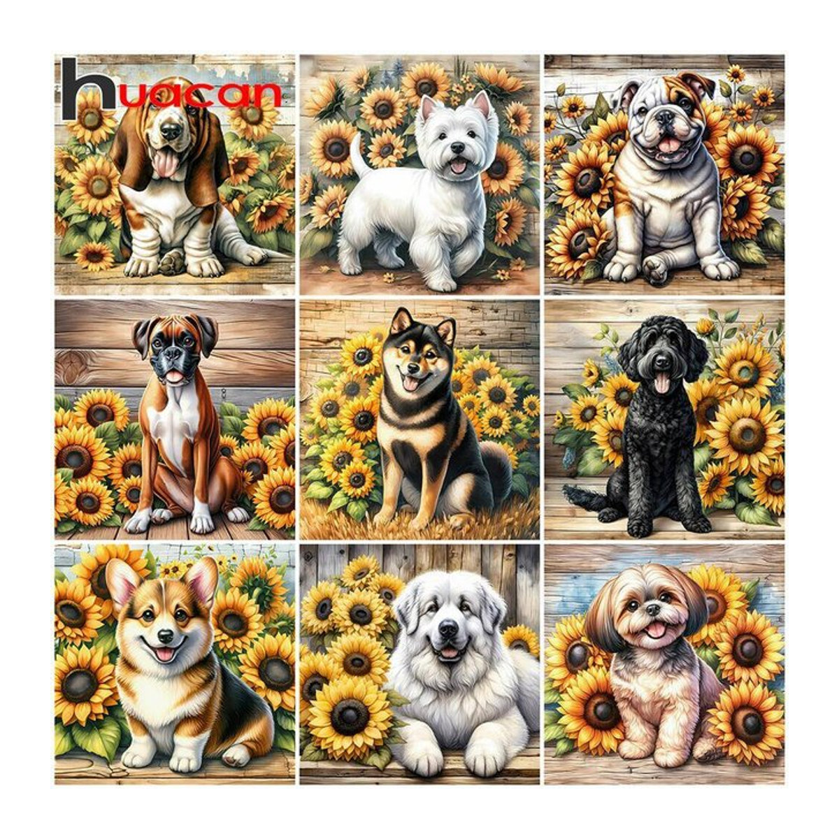 Huacan Diamantmosaik Wandbild mit Hund und Sonnenblumen, rund, mehrfarbig, B/H: 30 x 30 cm - Bild 1
