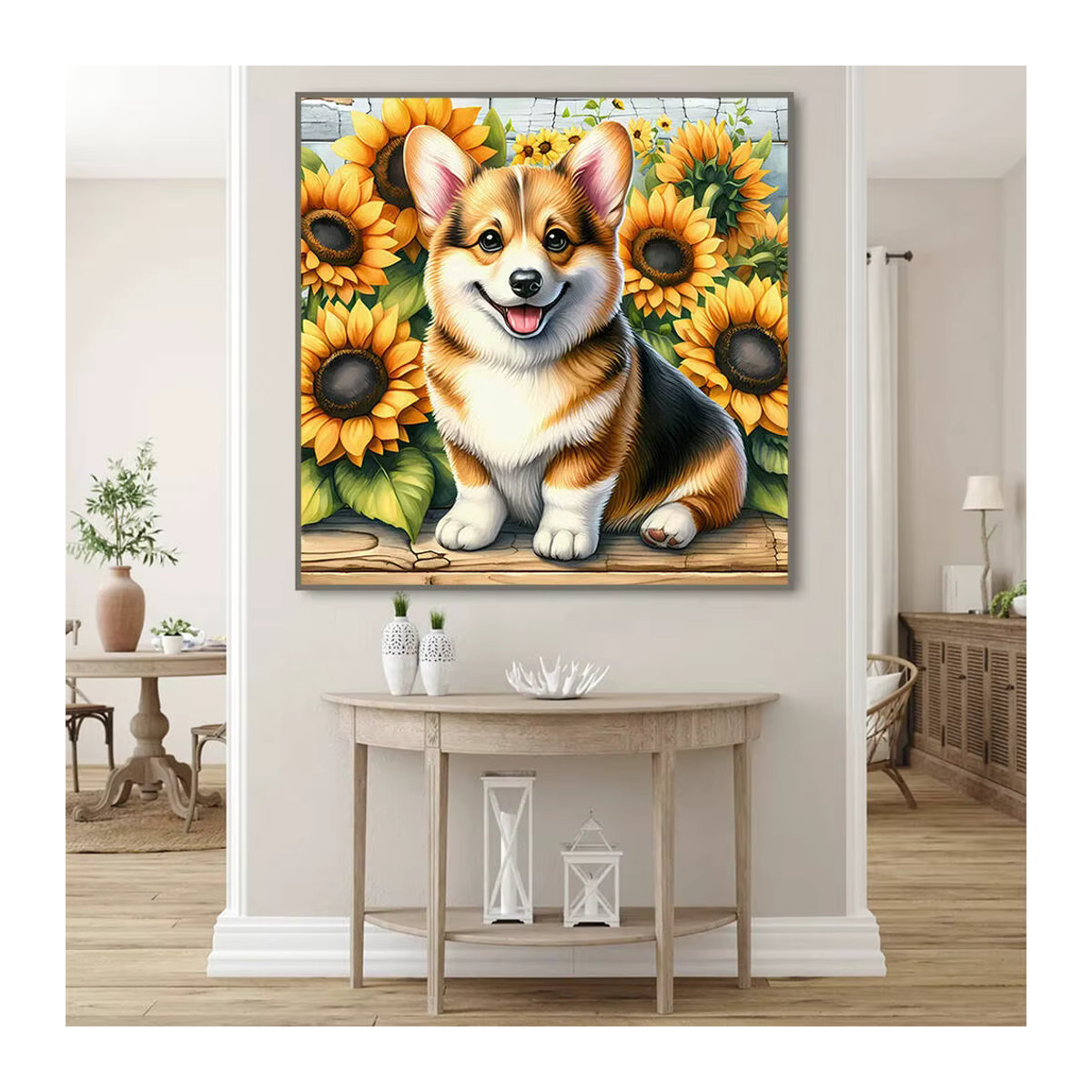 Huacan Diamantmosaik Wandbild mit Hund und Sonnenblumen, rund, mehrfarbig, B/H: 30 x 30 cm - Bild 3