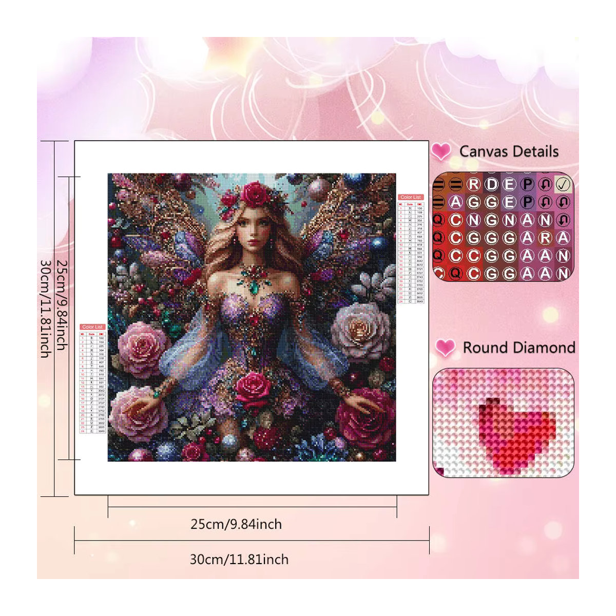HUACAN Diamantmosaik Wanddekoration mit Frauenporträt und floralen Rosen in Mehrfarbig, rund und rahmenlos - Bild 2