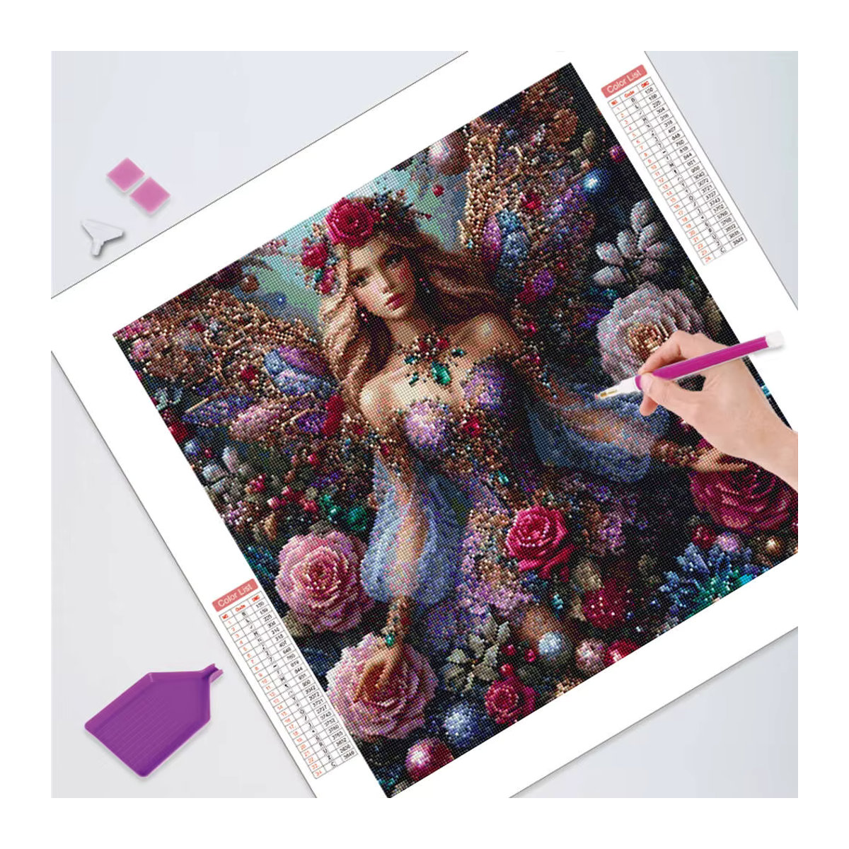 HUACAN Diamantmosaik Wanddekoration mit Frauenporträt und floralen Rosen in Mehrfarbig, rund und rahmenlos - Bild 3