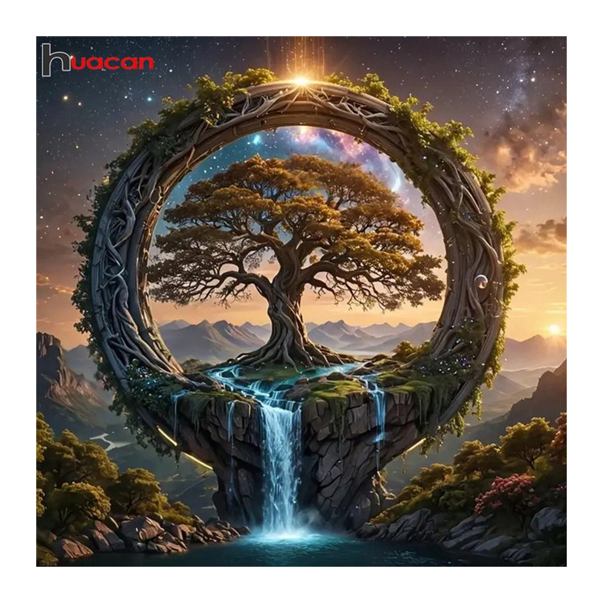 Huacan DIY-Diamantgemälde Landschaft mit Wasserfall und Bäumen als mehrfarbiges Mosaik-Bastelset zur modernen Heimdekoration - Bild 1