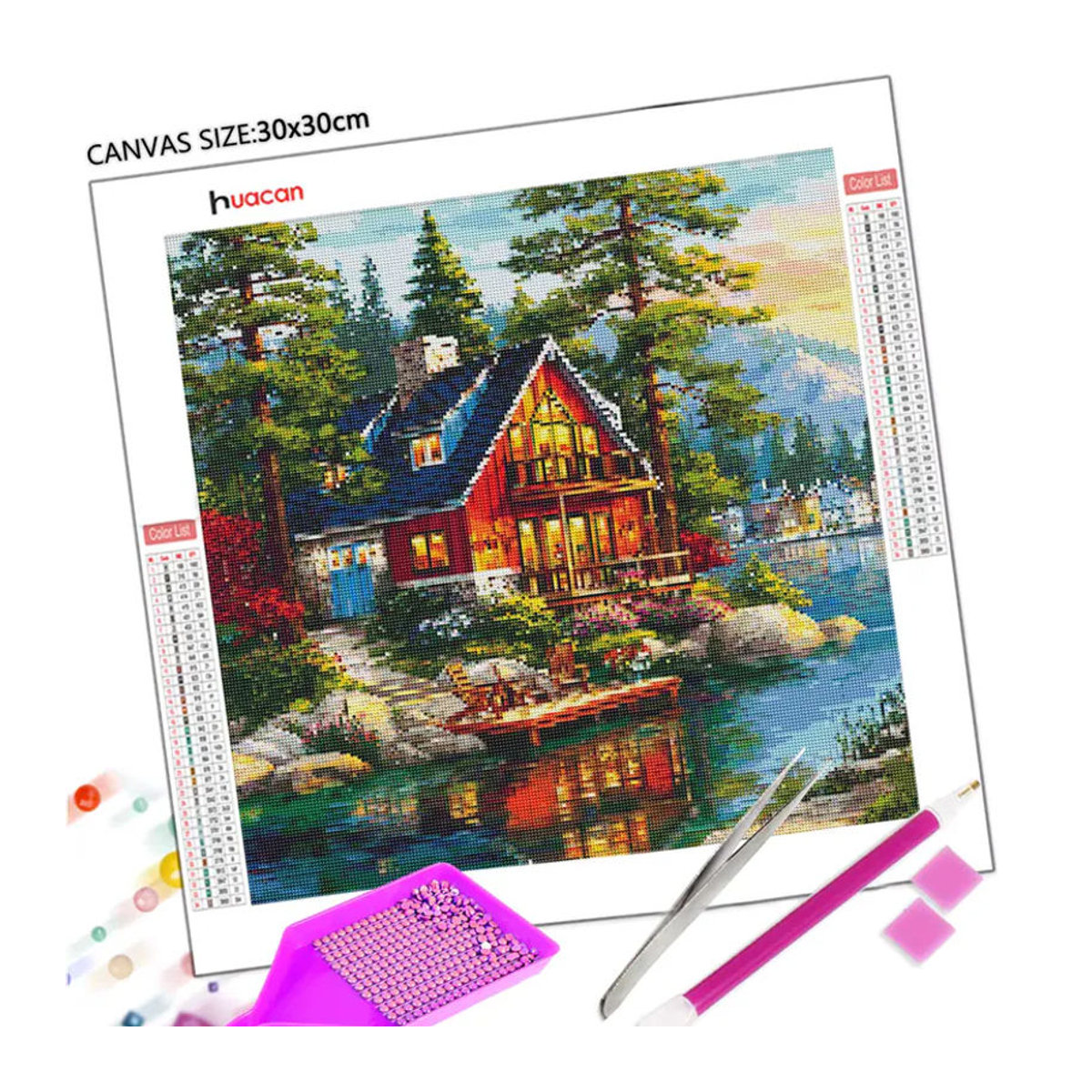 Huacan DIY Diamantmalerei Landschaft Landhaus als rundes Mosaik-Bild in Mehrfarbig - Bild 3