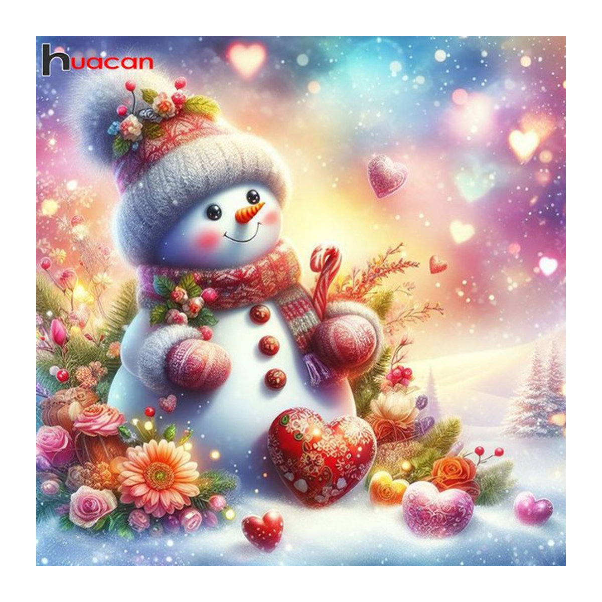 Huacan DIY Diamantmalerei Landschaft mit Schneemann und Rosen als mehrfarbiges Mosaik-Set zur Wandmontage - Bild 1