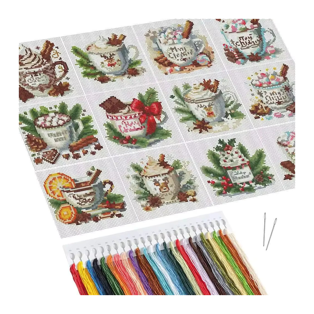 Huacan Kreuzstich-Set Kaffeetasse mit floralem Motiv, mehrfarbige bedruckte Leinwand für DIY-Stickerei, Einstiegsniveau - Bild 3