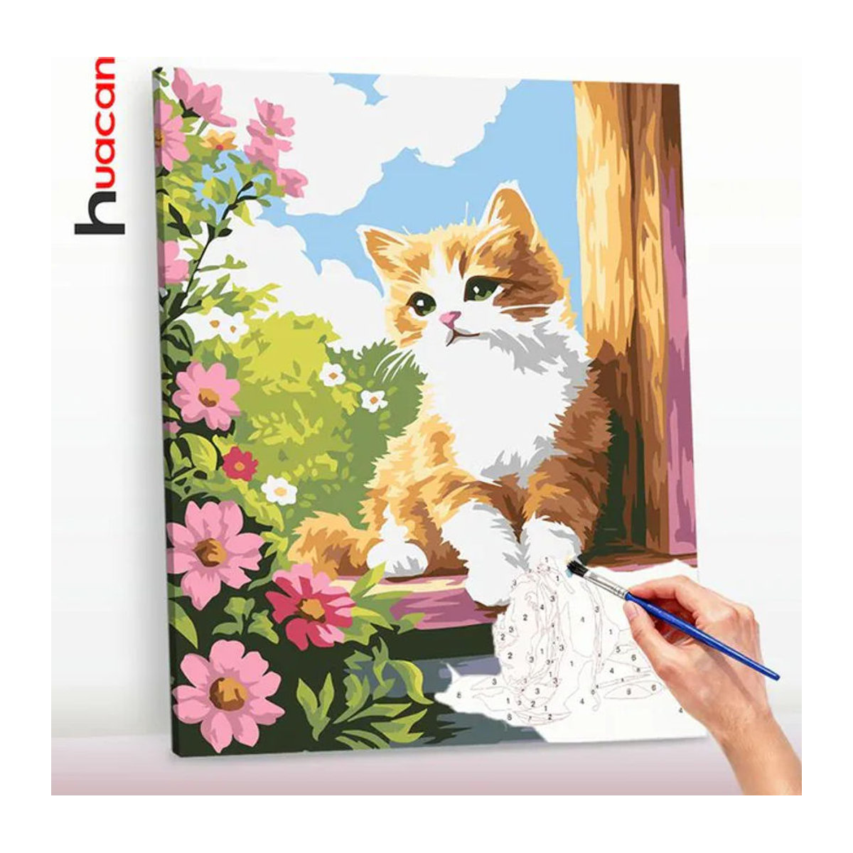 Huacan Malen nach Zahlen Katze und Blumen auf Leinwand DIY-Ölgemälde mehrfarbig B: 50 cm, H: 40 cm - Bild 1