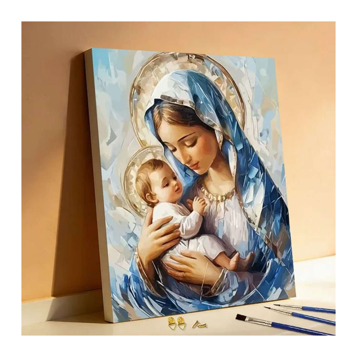 Huacan Malen nach Zahlen Maria und Jesus Porträt in Blau als DIY-Ölgemälde zur Wanddekoration - Bild 1