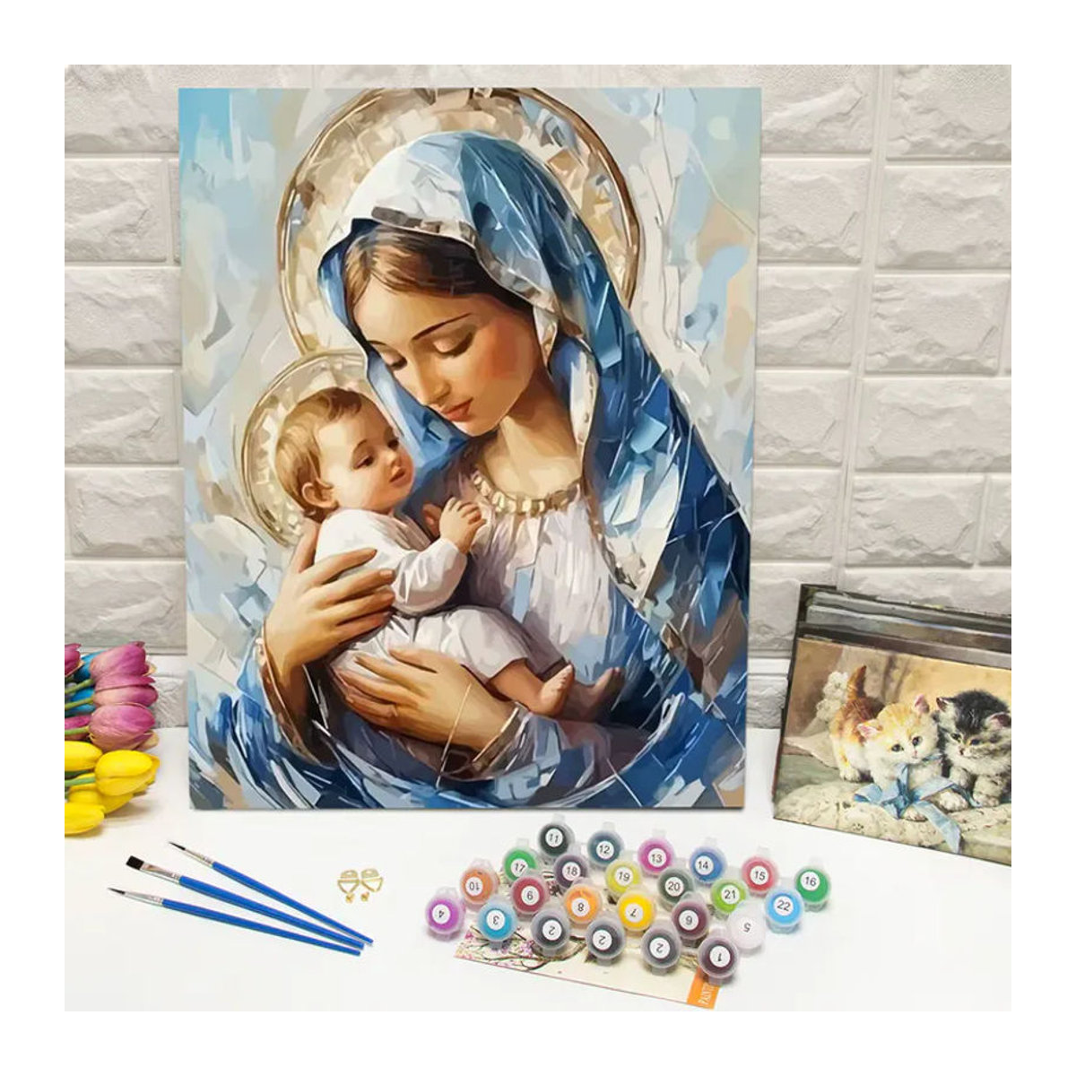 Huacan Malen nach Zahlen Maria und Jesus Porträt in Blau als DIY-Ölgemälde zur Wanddekoration - Bild 3