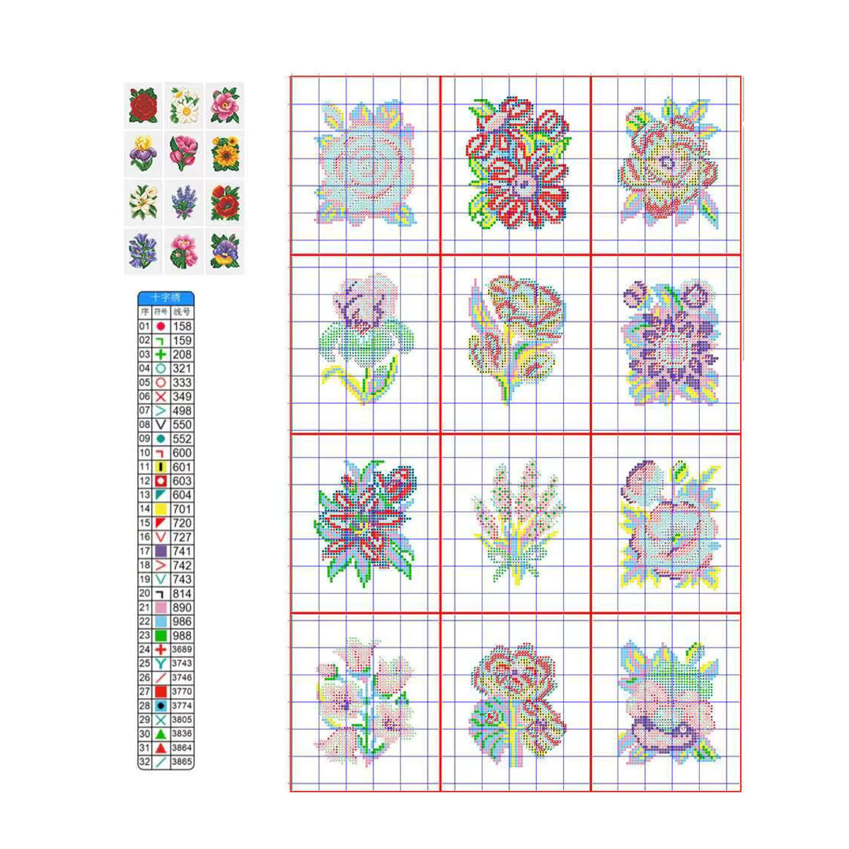 Huacan MINI Kreuzstich Stickerei Kit mit floralem Design aus Rose, Sonnenblume und Lilie, 11CT, mehrfarbig - Bild 2