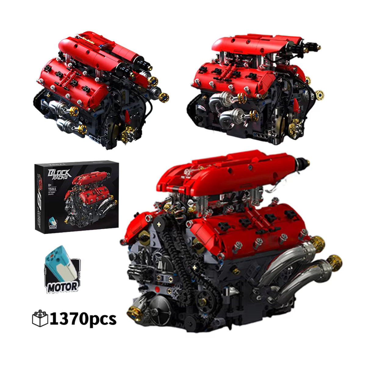 HUATEC V8-Turbo-Motor Bausteinmodell in Rot mit 1370 Teilen als kreative 3D-Schreibtischdekoration aus Kunststoff - Bild 5