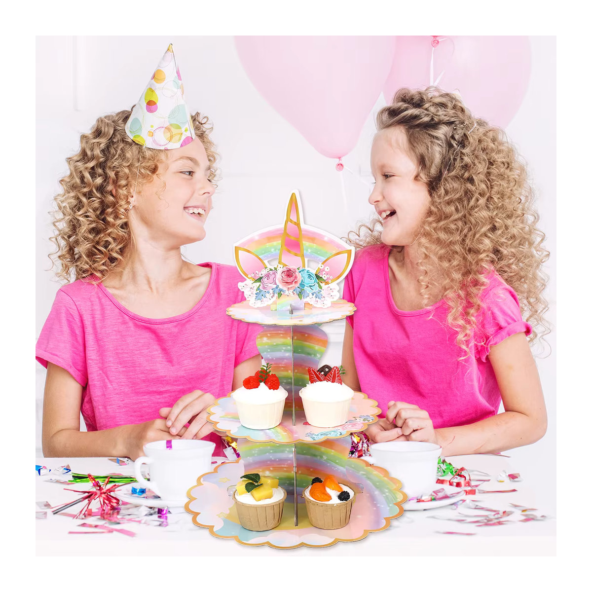 Huiran 3-stufiger Regenbogen-Einhorn-Kuchenständer aus Papier, mehrfarbig, rund, für Kindergeburtstage - Bild 2