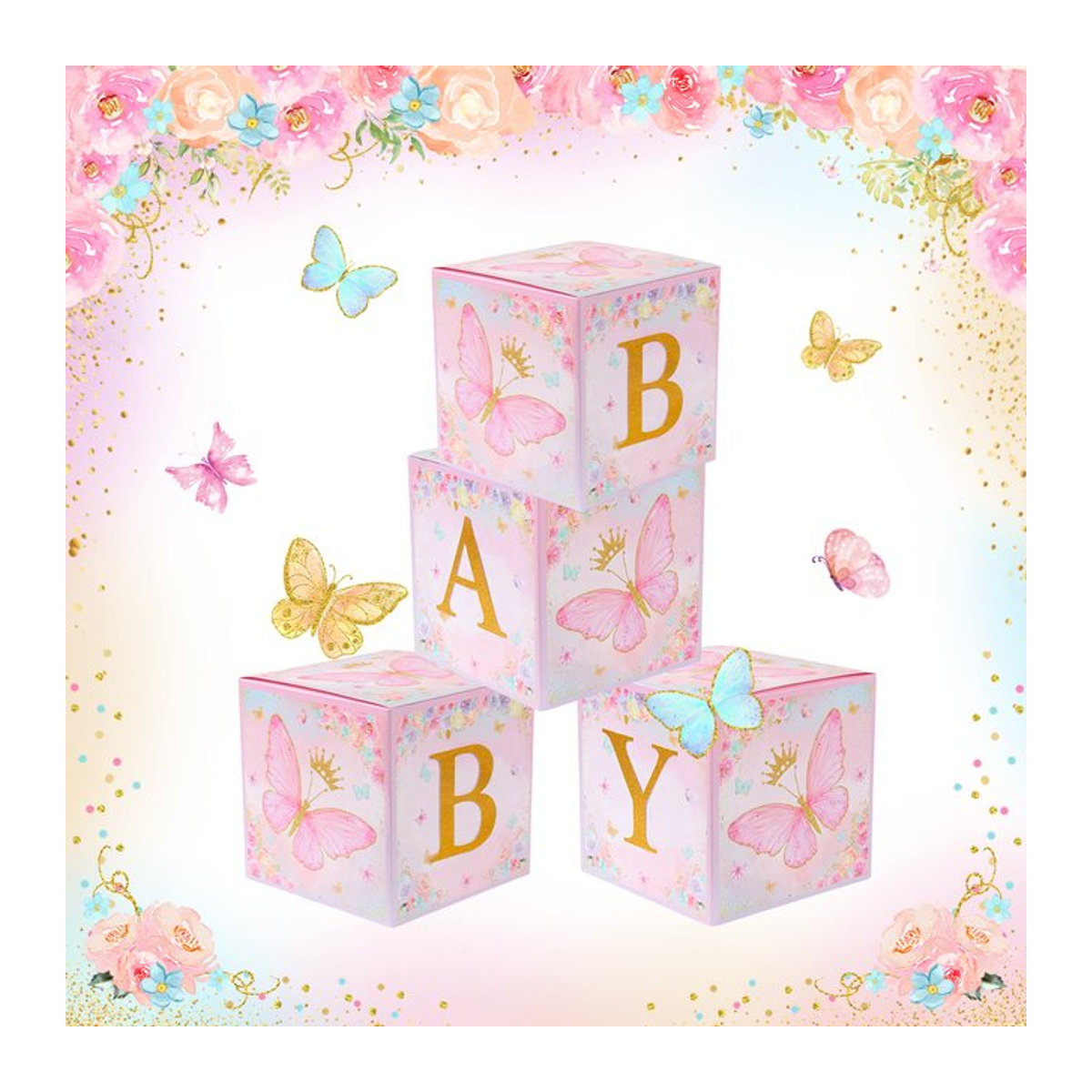 Huiran 4er Set Babyparty-Boxen in Rosa mit Schmetterlings- und Blumen-Design sowie BABY-Aufdruck für die Geschlechtsenthüllung oder Geburtstage - Bild 1