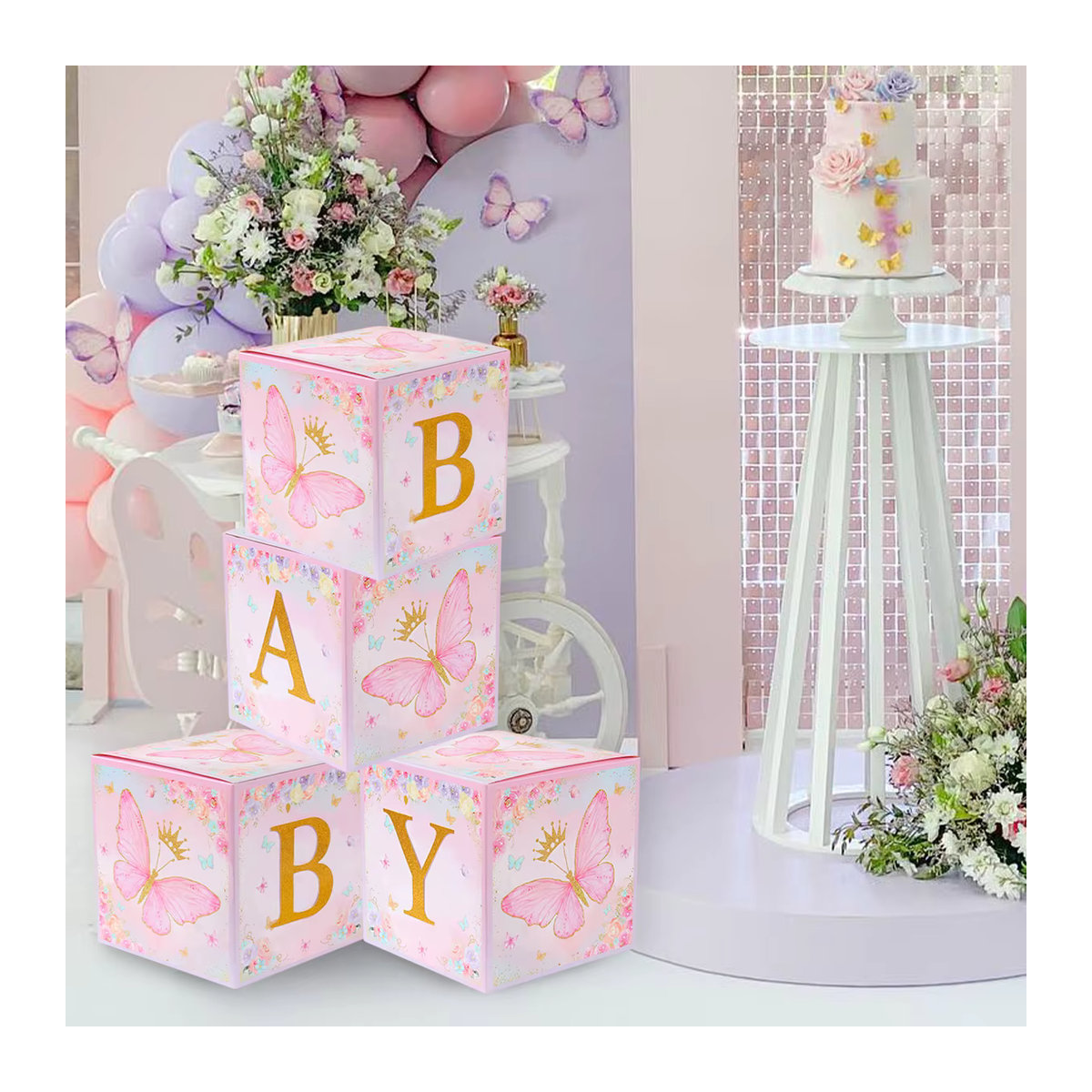 Huiran 4er Set Babyparty-Boxen in Rosa mit Schmetterlings- und Blumen-Design sowie BABY-Aufdruck für die Geschlechtsenthüllung oder Geburtstage - Bild 2