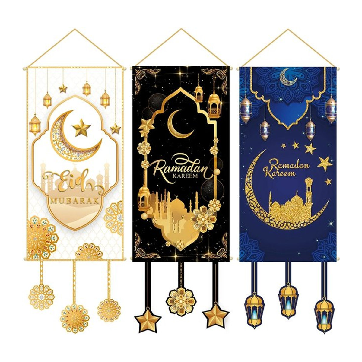 Huiran Eid Mubarak Dekor-Banner für Ramadan und Eid Al Adha, mehrfarbige islamische Hängeflagge mit Mond- und Buchstaben-Motiven in orientalischem Design - Bild 1