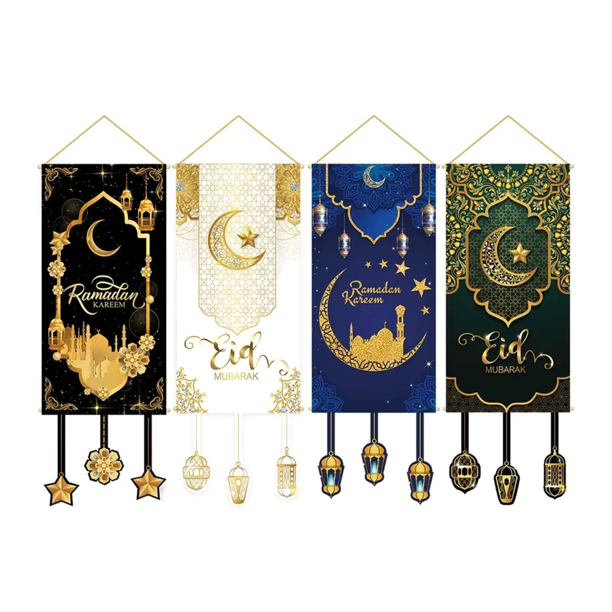 Huiran Eid Mubarak Dekor-Banner für Ramadan und Eid Al Adha, mehrfarbige islamische Hängeflagge mit Mond- und Buchstaben-Motiven in orientalischem Design - Bild 2