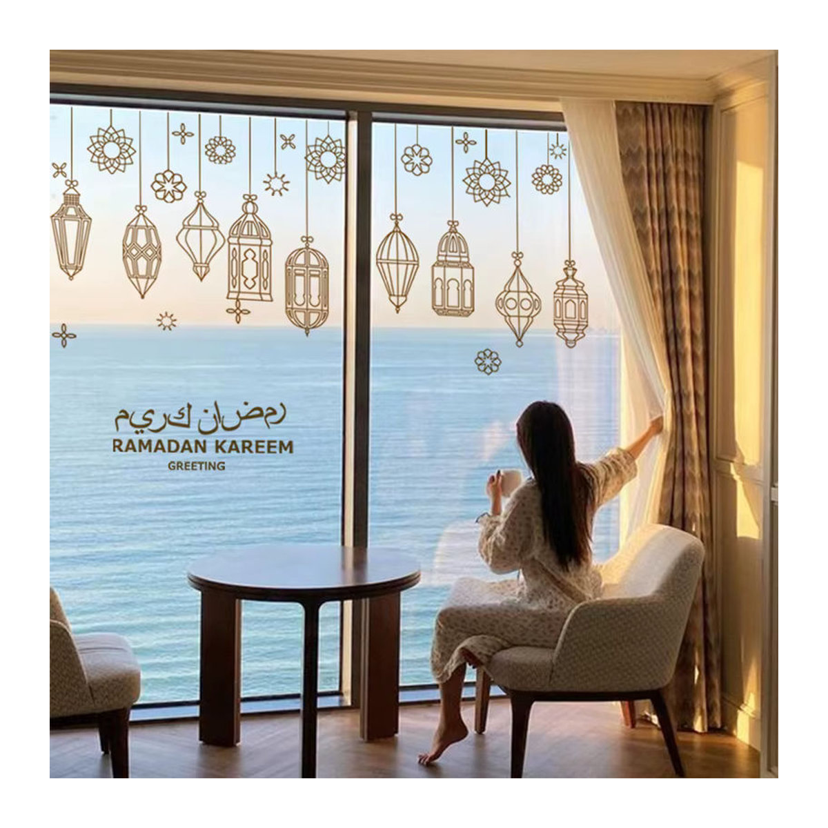 Huiran Eid Mubarak Ramadan Wandaufkleber in Gold, Orientalische Geometrische Dekoration für Fenster und Wände - Bild 2