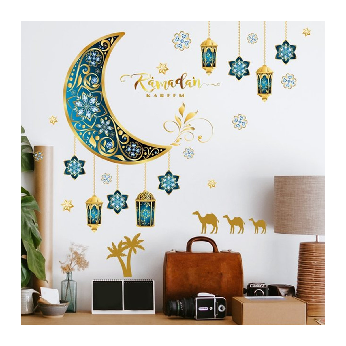 Huiran Eid Mubarak Wandaufkleber Ramadan Dekoration in Gold und Gelb mit orientalischem Floral-Design - Bild 1