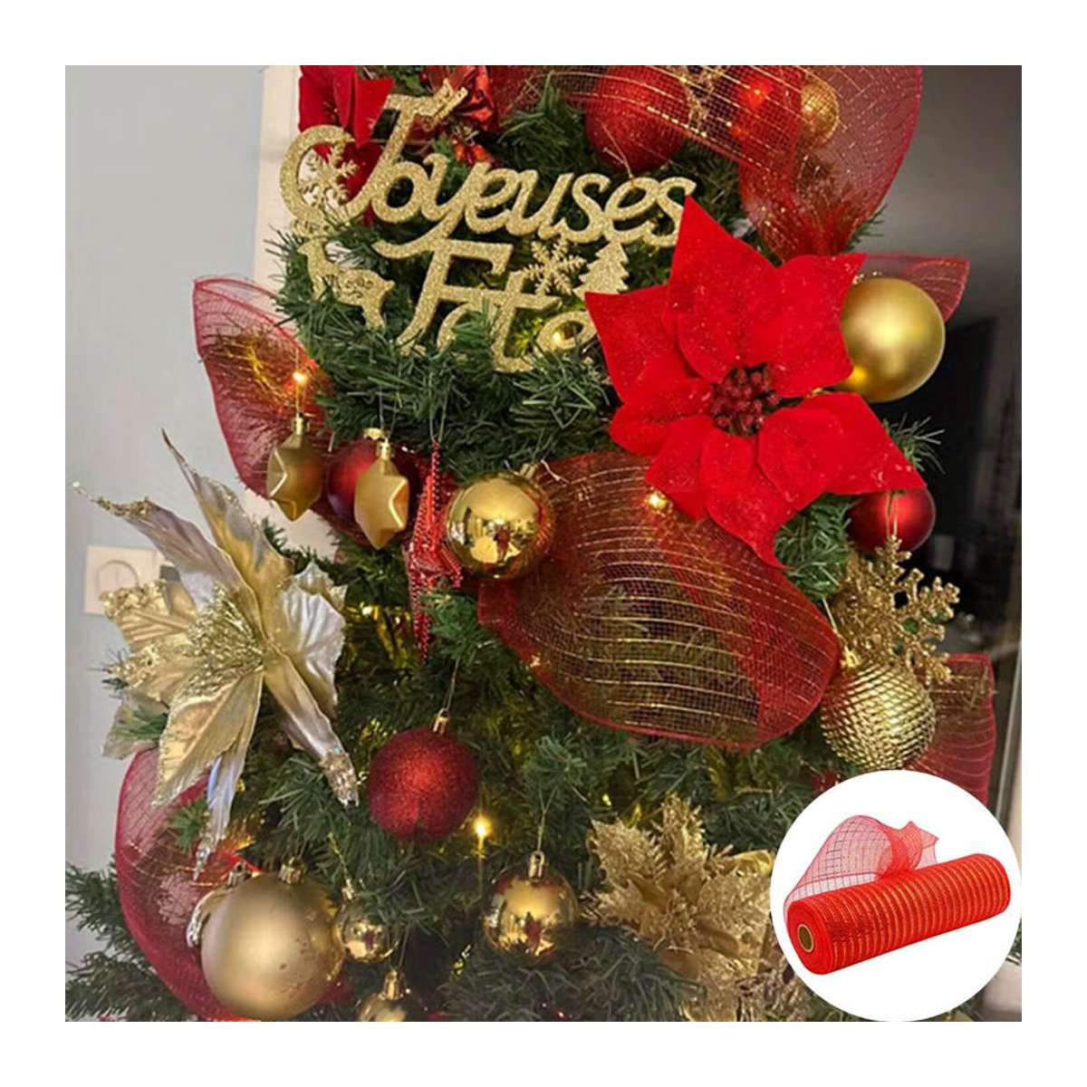 Huiran Kristall Gaze Bänder für Weihnachtsbaum und Haustür, Rot, Textil - Bild 2