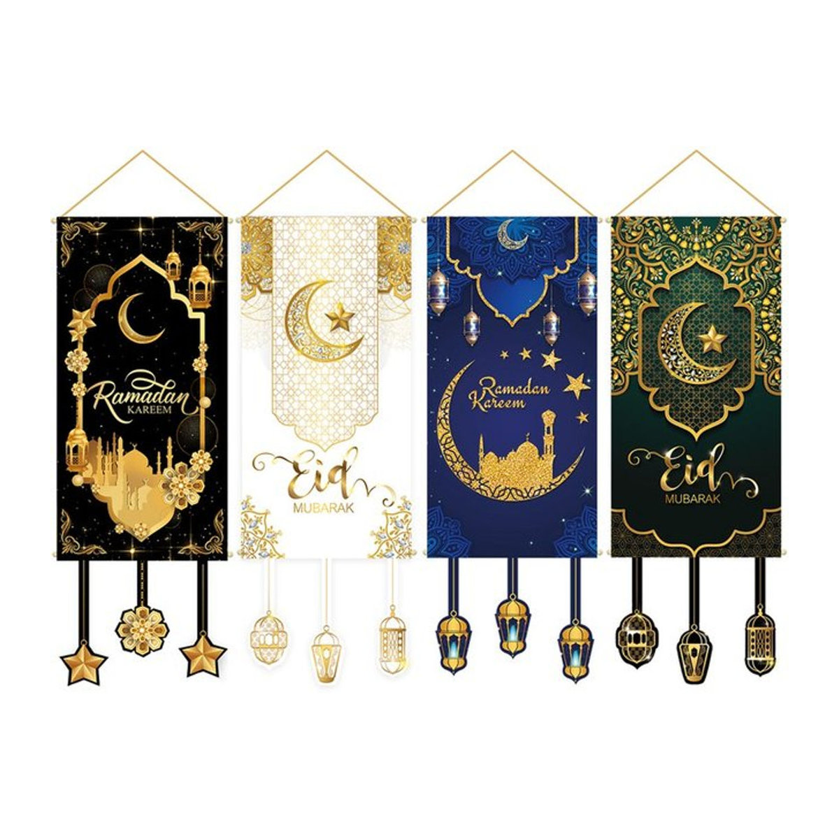 Huiran Ramadan Wimpelkette zum Aufhängen, mehrfarbige islamische Dekoration mit Mond-Motiv für Eid Al-Fitr, Textil-Girlande in orientalischem Design - Bild 1
