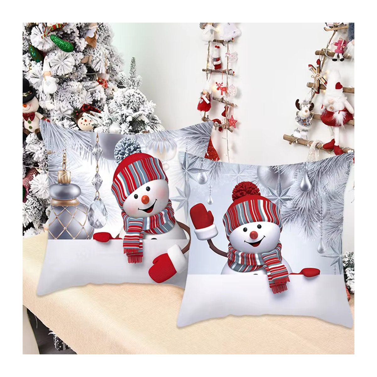 Huiran Schneemann Kissenbezug für Weihnachten in Weiß und Gelb - Bild 2