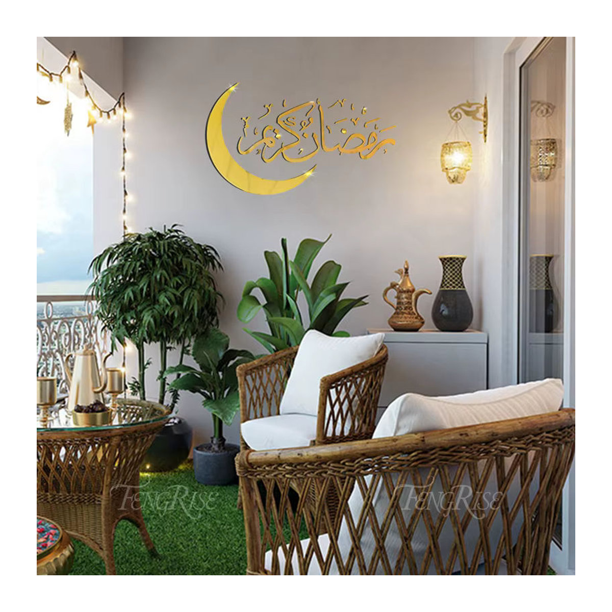 Huiran Wandaufkleber Eid Mubarak Ramadan Dekoration Gold mit Mond Motiv aus Kunststoff - Bild 1