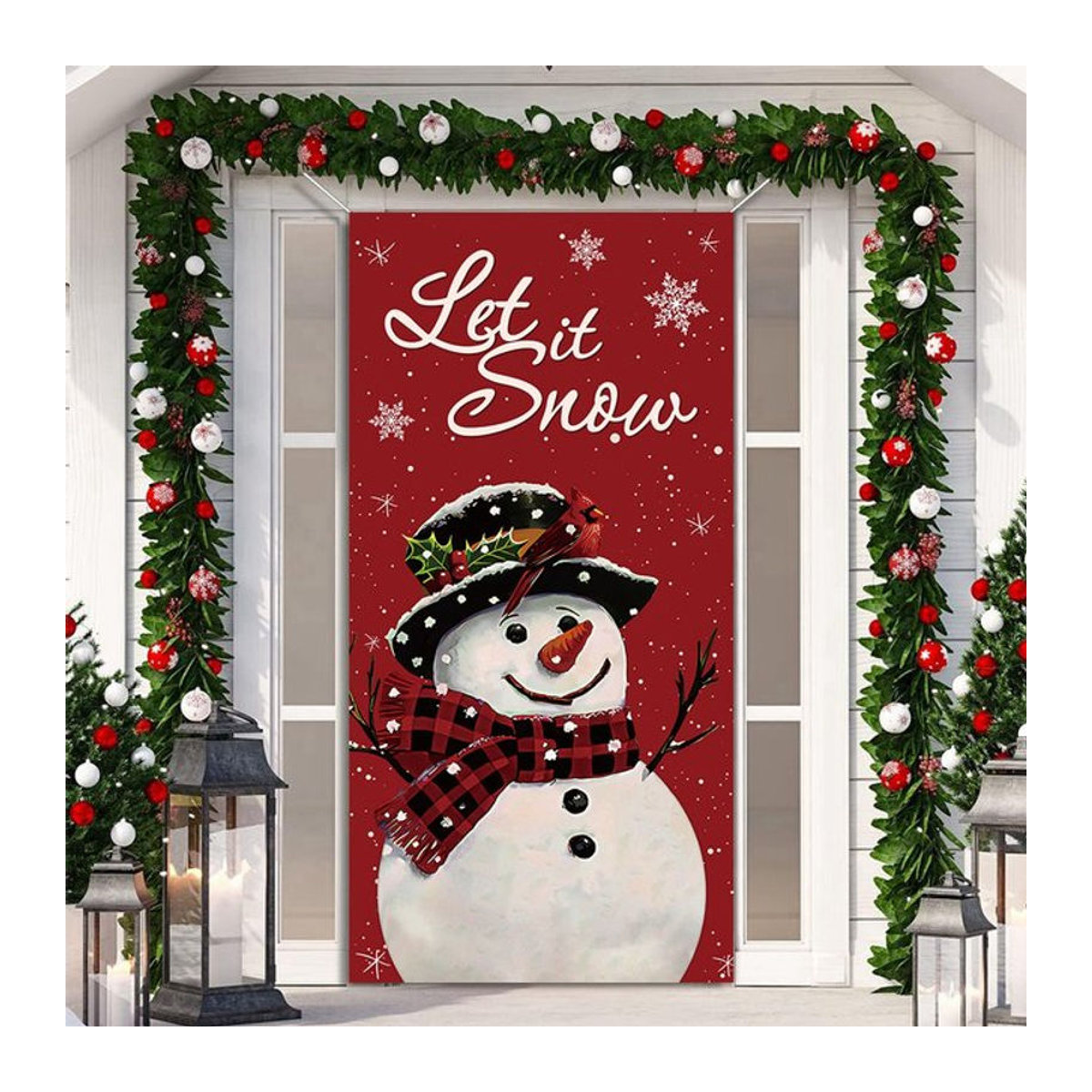 Huiran Weihnachts-Türbanner hängend, rot kariert mit Schneeflocken, rechteckige Textil-Dekoration - Bild 1