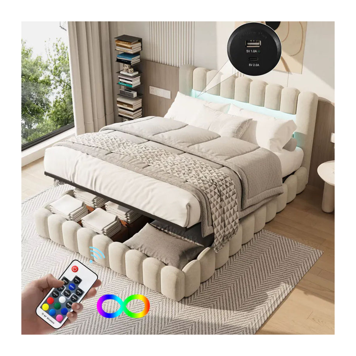 Hydraulisches Polsterbett ADFBL aus Leinen mit LED RGB, USB/C-Ladestation und Stauraum, B/T: 160 x 200 cm, Beige/Grau - Bild 2