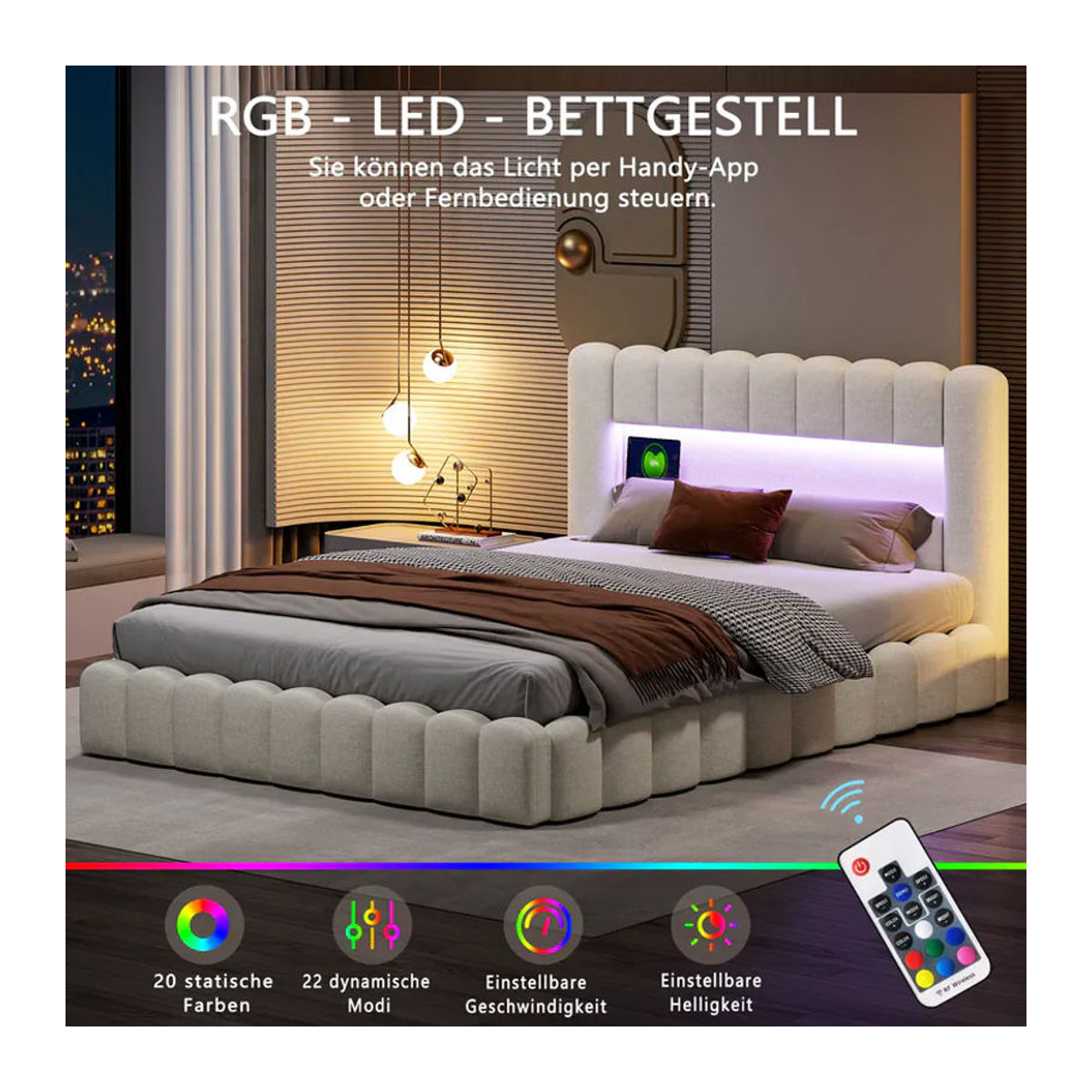 Hydraulisches Polsterbett ADFBL aus Leinen mit LED RGB, USB/C-Ladestation und Stauraum, B/T: 160 x 200 cm, Beige/Grau - Bild 3