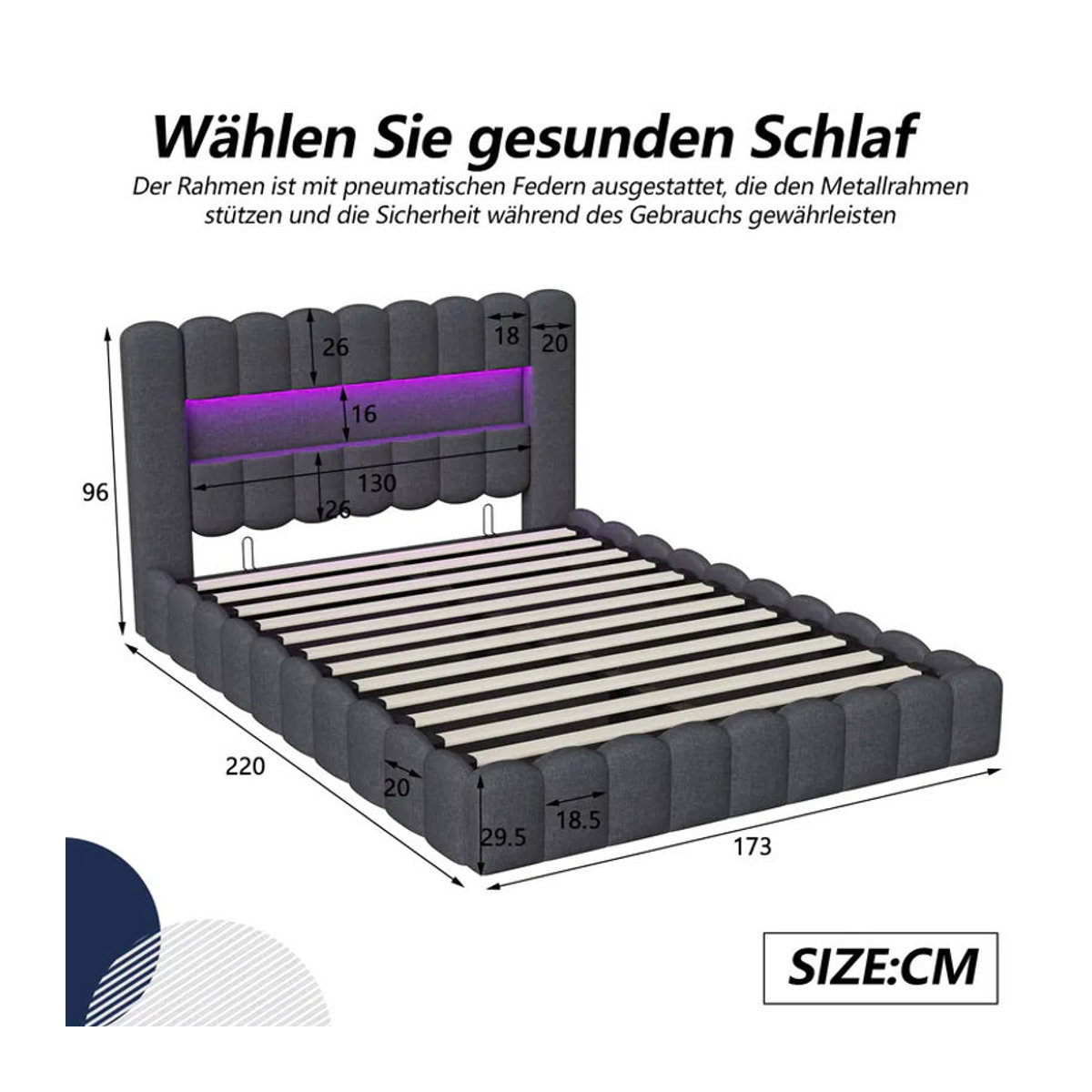 Hydraulisches Polsterbett ADFBL aus Leinen mit LED RGB, USB/C-Ladestation und Stauraum, B/T: 160 x 200 cm, Beige/Grau - Bild 4