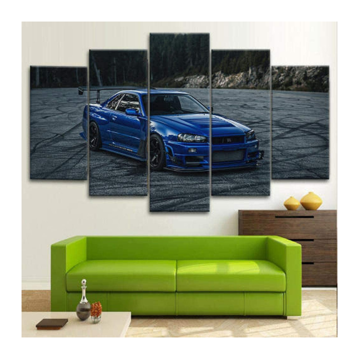 iaidegou-10 Wandkunst Set aus 5 Leinwandbildern mit Skyline und blauem modifiziertem Auto, moderner abstrakter Druck für dein Wohnzimmer, Rahmenlos, B/H: 40 x 60 cm (2 Stück), 40 x 80 cm (2 Stück) und 40 x 100 cm (1 Stück) - Bild 2