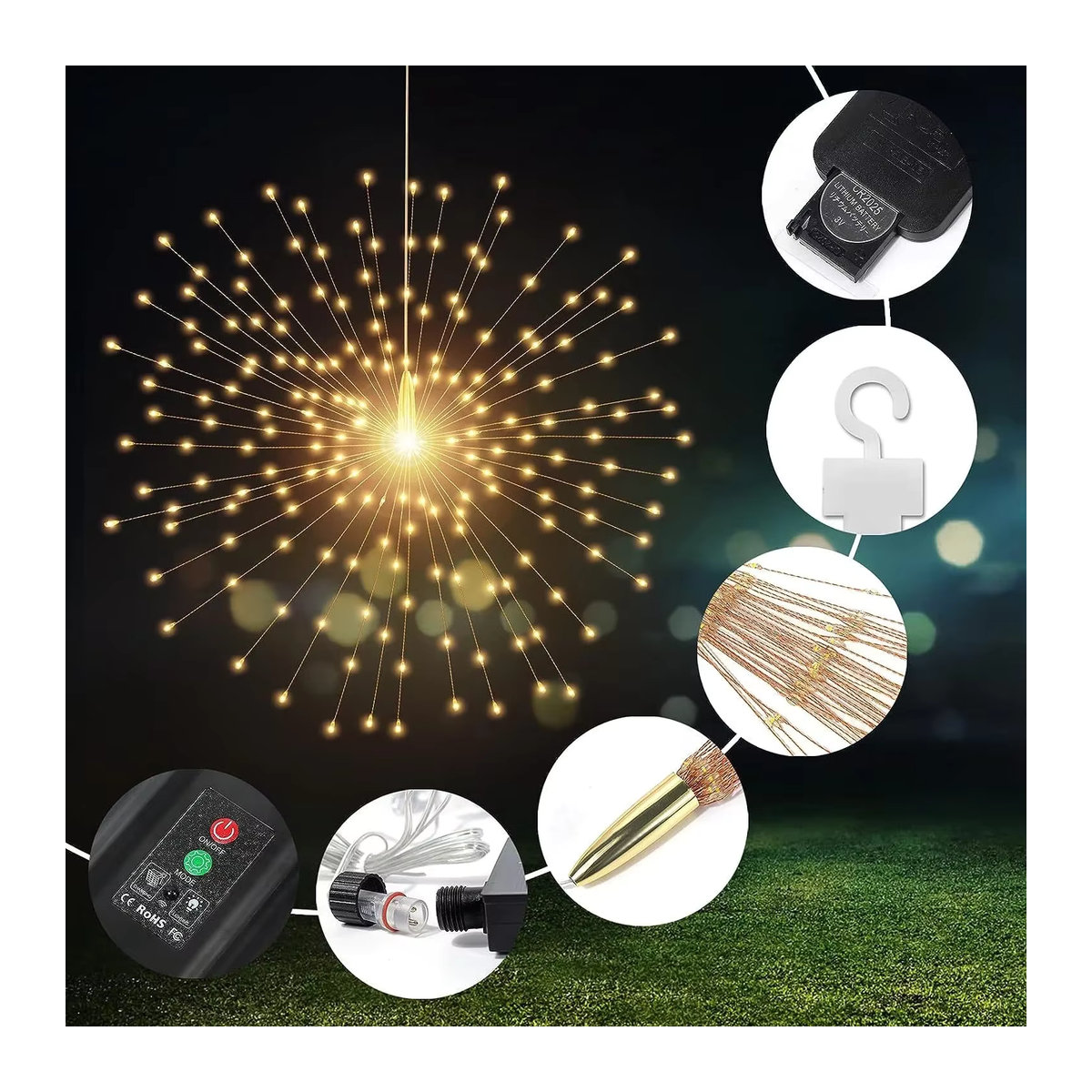 IEEYEEY Solar-Feuerwerksleuchte mit 90 LEDs und Fernbedienung, Gelb, 8 Modi für Garten und Terrasse - Bild 3
