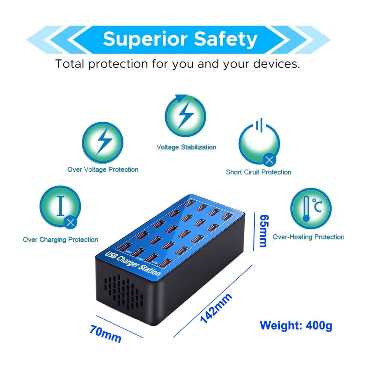 ILEPO USB-Ladestation mit 20 Ports und 100W Leistung in Schwarz für Smartphones, Tablets und USB-Geräte - Bild 2