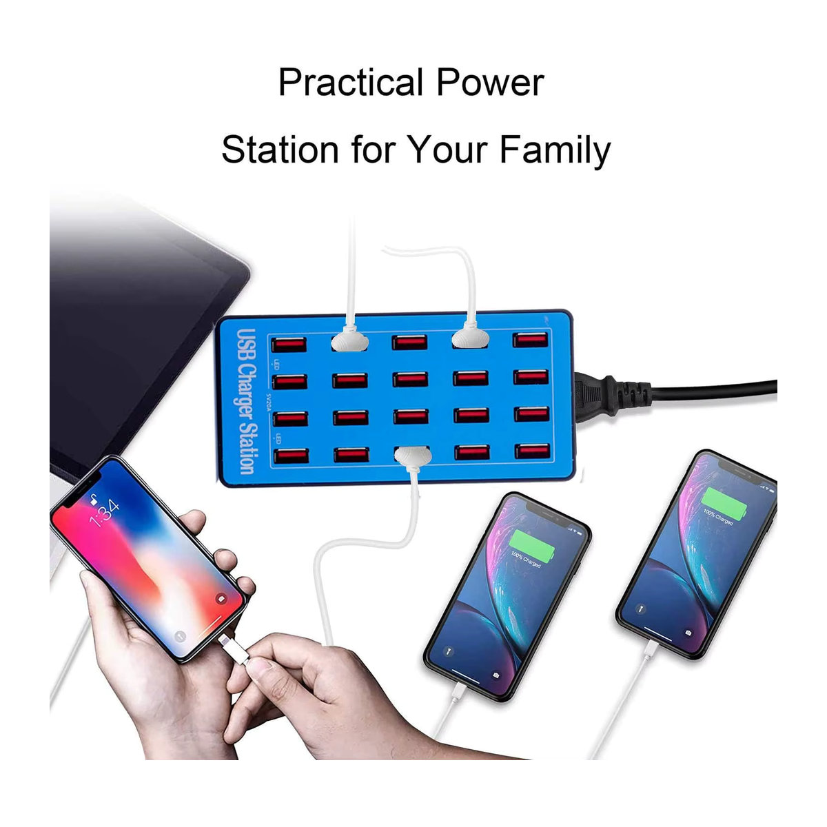 ILEPO USB-Ladestation mit 20 Ports und 100W Leistung in Schwarz für Smartphones, Tablets und USB-Geräte - Bild 3
