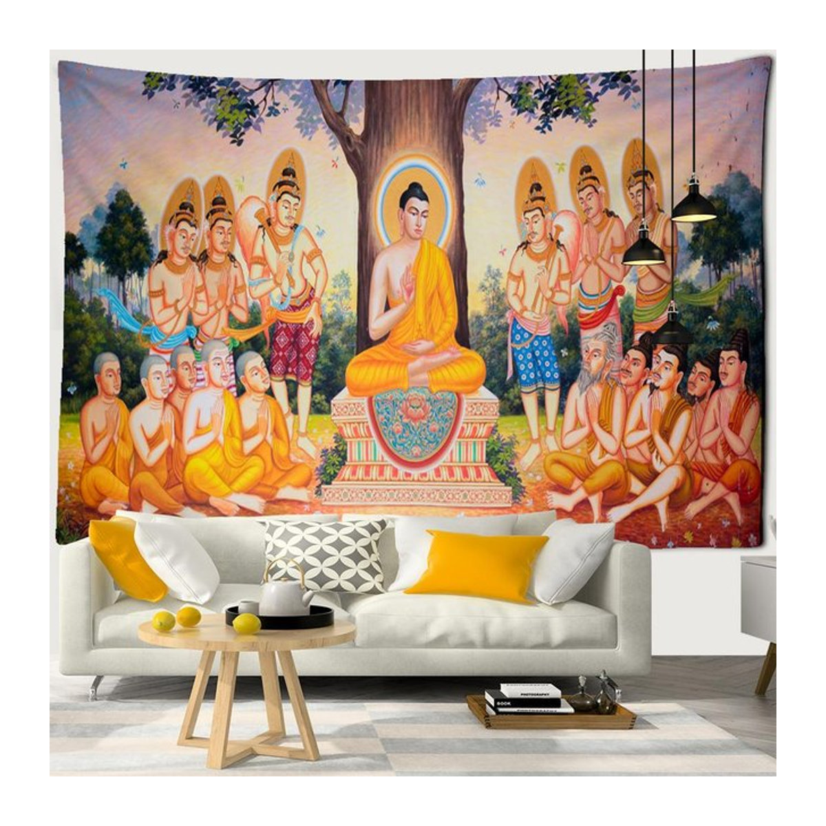 Indischer Buddha Wandbehang aus Polyester in Multicolor, dekorativer Wandteppich im böhmischen Stil, B: 95 cm, H: 70 cm - Bild 1