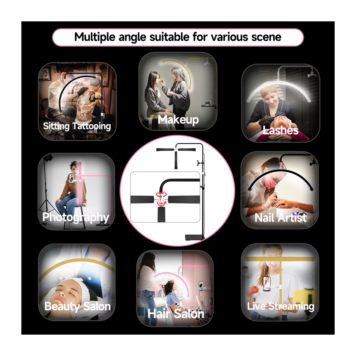 Inlightray 23-Zoll LED-Halbmondringlicht mit Strasssteinen und U-Joint für Salon und Wimpernmodellierung - Bild 2