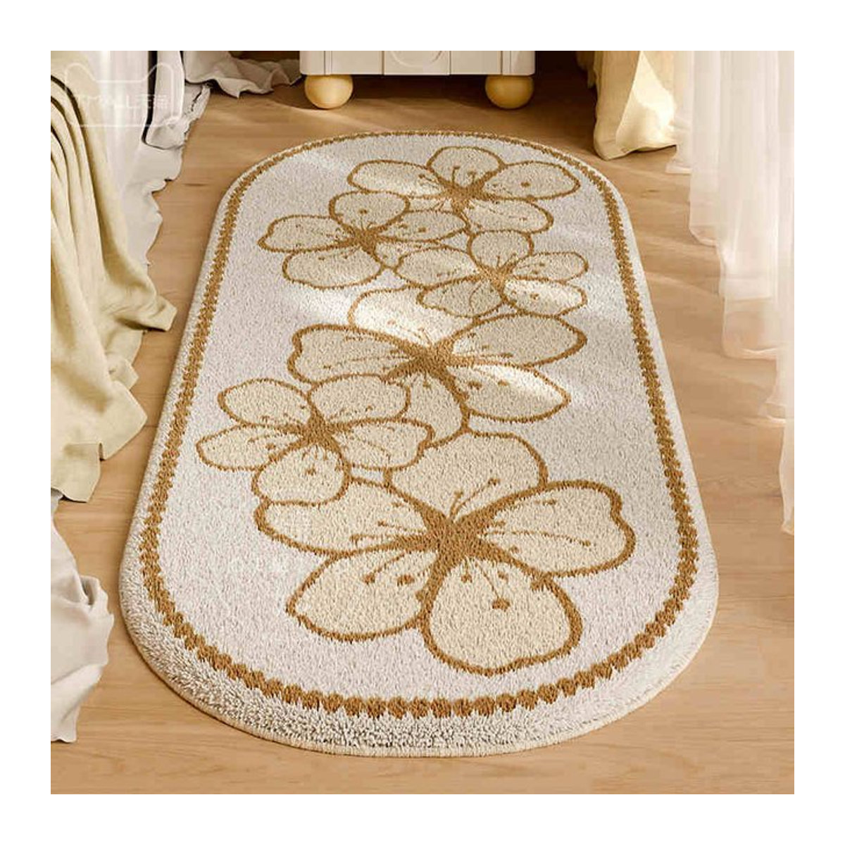 Ins Style Floraler Plüschteppich in Rosa und Creme, weiche unregelmäßige Matte für Schlafzimmer und Wohnzimmer, B/T: 45 x 120 cm - Bild 1