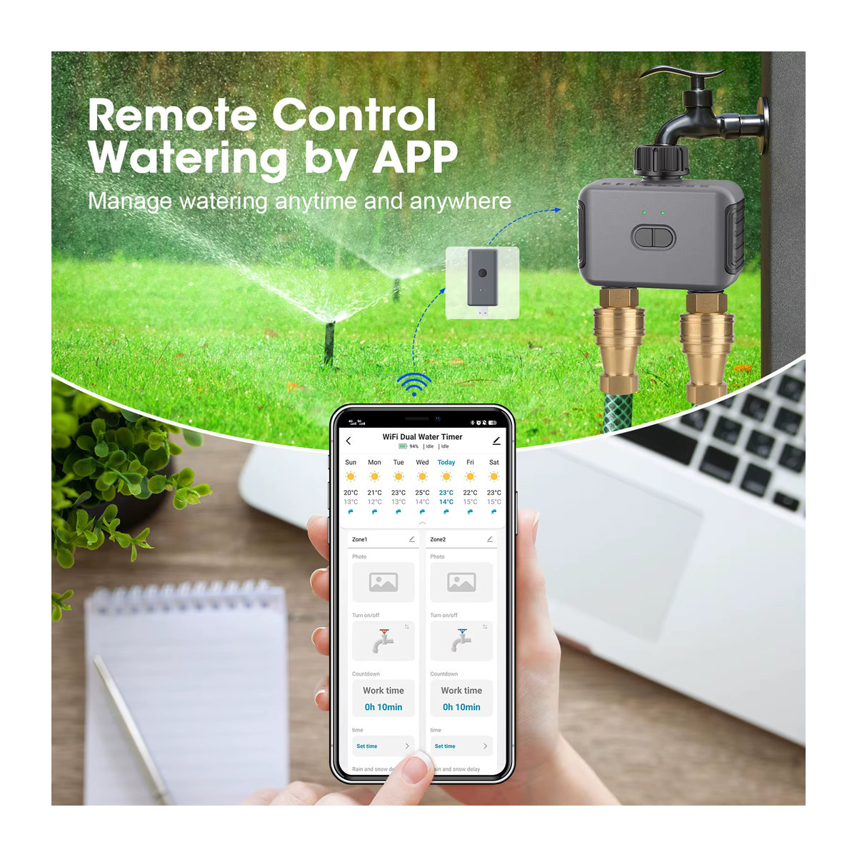 Insoma Automatischer Wassertimer mit Gateway und Doppelschlauch für die Gartenbewässerung, App-gesteuertes Bewässerungssystem in Grau, kompatibel mit Alexa - Bild 2